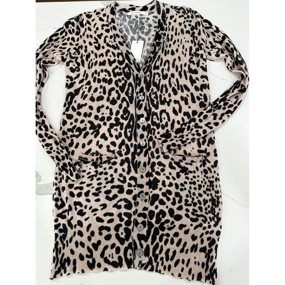Ellison Womens Leopard Print Cotton Linen Longline Cardigan Sweater Tan L